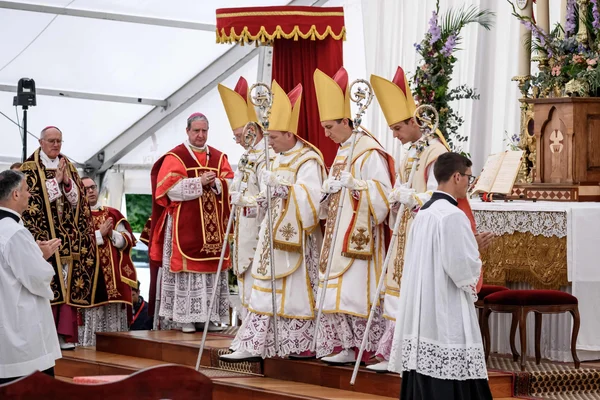 Les six évêques traditionalistes excommuniés par le Vatican, lors d'une cérémonie de la Fraternité Saint-Pie-X.