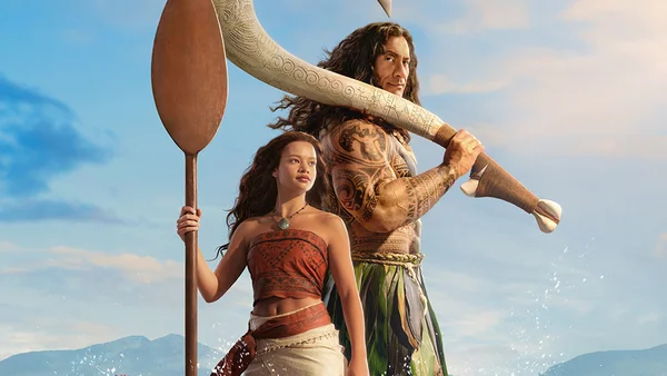Catherine Laga'aia et Dwayne Johnson dans l'affiche promotionnelle du remake live-action de 'Vaiana'.