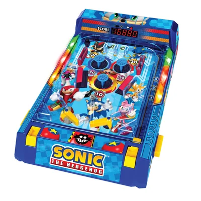 Flipper de table Sonic the Hedgehog d'Ambassador Toys, mettant en scène Sonic, Tails et Knuckles.