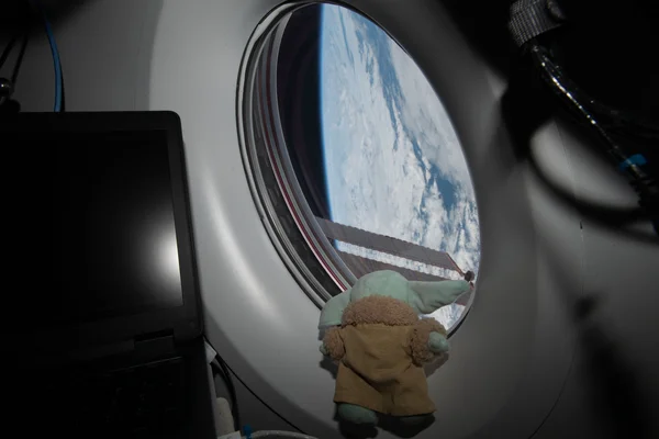 Peluche de Grogu observant la Terre depuis l'intérieur du Crew Dragon Resilience lors de la mission SpaceX Crew-1.
