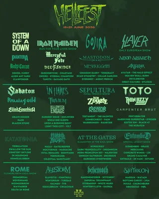 Programmation du Hellfest 2026 présentée en colonnes par jour.