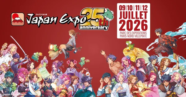 Affiche du 25e anniversaire de Japan Expo, partenaire de la Fnac pour le Daruma du Nouveau Manga.