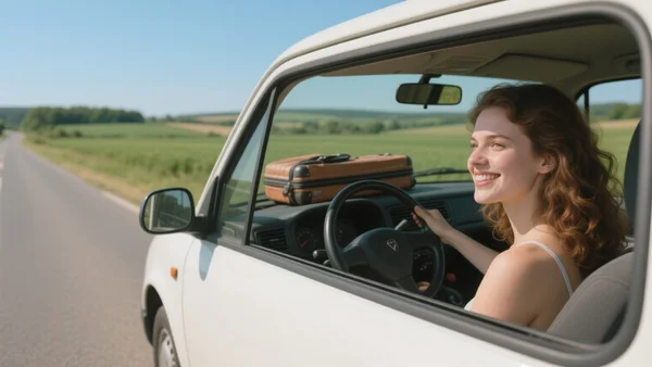 Jeune conductrice souriante au volant d'une petite voiture chargée pour un road trip, paysage de campagne française défila par la fenêtre, vue de côté sur le visage et la route devant