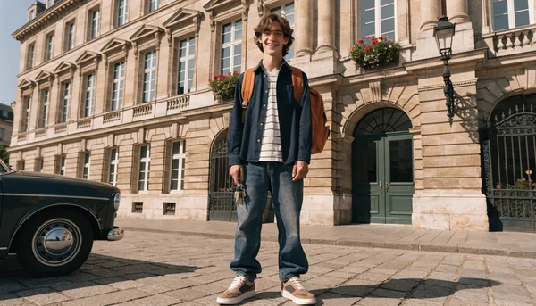 Étudiant souriant devant un immeuble d'habitation, tenant un trousseau de clés, dans une rue calme d'une ville française. Vue en pied, ambiance confiante et soulagée.