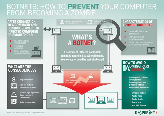 Infographie Kaspersky détaillant le fonctionnement et la prévention des botnets.