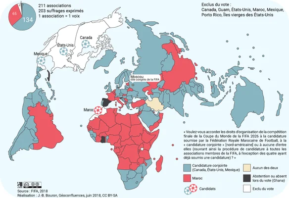 Carte des votes pour l'attribution de la Coupe du monde 2026 entre la candidature nord-américaine et celle du Maroc.