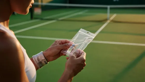 Kit de prélèvement pour test génétique, avec un court de tennis en arrière-plan.