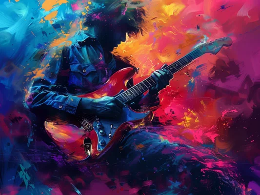 Illustration abstraite d'un guitariste, évoquant la création musicale assistée par IA.