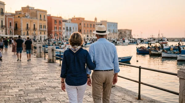 Un couple de retraités flânant sur le port des Pouilles au coucher du soleil.