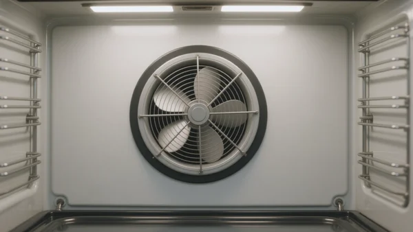 Plan rapproché de la paroi arrière d'un four, avec un ventilateur visible au centre, entouré de résistances, vue de face, pour illustrer le mécanisme de la chaleur tournante, intention pédagogique et technique