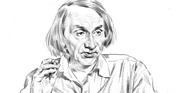 Portrait dessiné de Michel Houellebecq, tenant une cigarette.