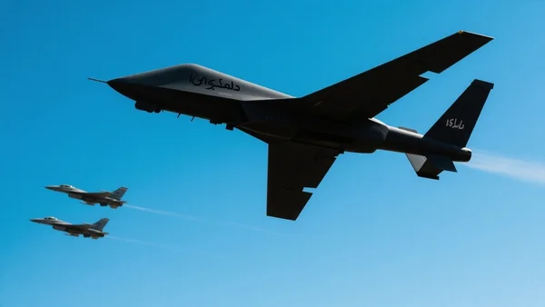 Drone Shahed iranien en vol, vue de côté, silhouette sombre dans le ciel bleu, évoquant la menace asymétrique et le contraste technologique avec les avions de chasse américains