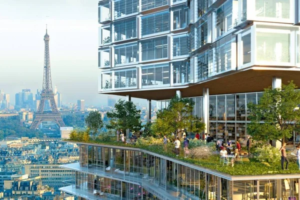 Rendu architectural du projet de rénovation avorté de la Tour Montparnasse, avec jardin suspendu.