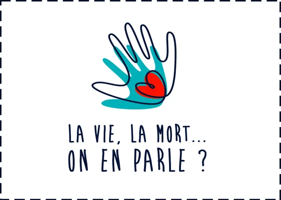 Illustration sur le thème de la fin de vie, avec une main tenant un cœur rouge et la question « Vie, mort… on en parle ? ».