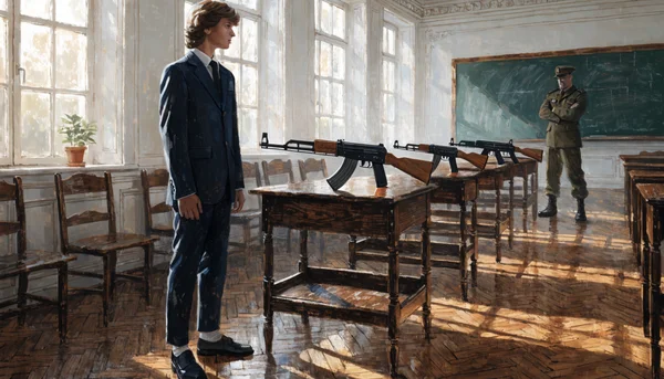 Salle de classe russe avec des adolescents en uniforme scolaire alignés devant des fusils d'assaut Kalachnikov posés sur des tables, un instructeur en tenue militaire se tient devant un tableau noir, scène austère et disciplinée, vue d'ensemble de la pièce