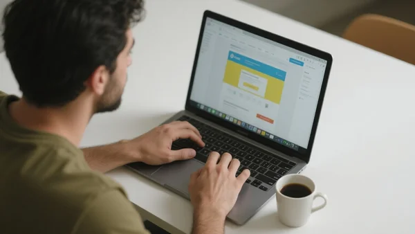 Plan rapproché d'un blogueur assis à un bureau, utilisant un ordinateur portable, avec une tasse de café à côté, l'écran affichant un éditeur de templates de site web. L'image doit montrer la création de contenu et la monétisation via des outils, avec un ton professionnel et indépendant.