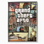 Poster encadré de Grand Theft Auto: San Andreas, présentant un collage de style bande dessinée avec personnages, véhicules et scènes du jeu, avec le logo au centre.
