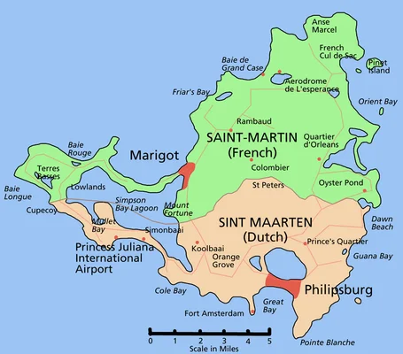 Carte de l'île de Saint-Martin divisée entre la France (vert) et les Pays-Bas (orange).