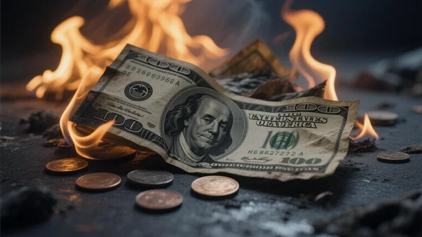 Gros plan sur des billets de banque et des pièces de monnaie en train de brûler, posés sur une surface sombre, évoquant le coût économique colossal de la violence mondiale, avec une intention éditoriale de montrer le gaspillage financier et l'impact sur l'économie