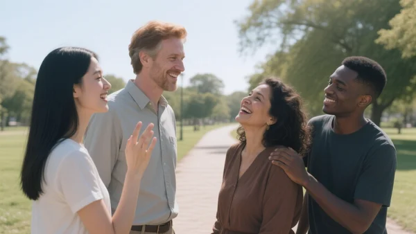 Un groupe de quatre amis, deux hommes et deux femmes d'âges variés, marche côte à côte dans un parc ensoleillé, discutant et souriant. Vue en contre-plongée légère, l'image doit montrer la diversité des âges et des genres au sein d'une amitié mixte durable et épanouie, avec un ton optimiste et inclusif.