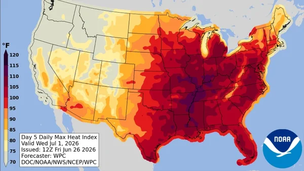 Indice de chaleur maximal aux États-Unis pour le 1er juillet 2026 : des températures extrêmes dépassant 120°F.