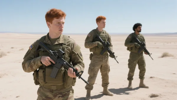 Soldats américains en patrouille dans un paysage désertique, armes à la main, regardant au loin, dans une atmosphère tendue et incertaine