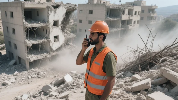 Vue aérienne d'un quartier résidentiel libanais en ruines, immeubles effondrés, débris et poussière, atmosphère de désolation et d'urgence humanitaire
