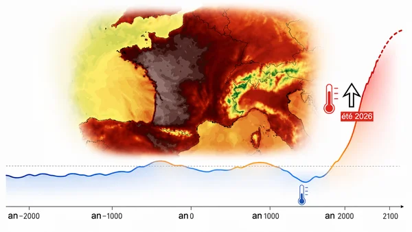 Infographie combinant carte thermique européenne et graphique des anomalies de température jusqu'en 2100, avec projection pour l'été 2026.