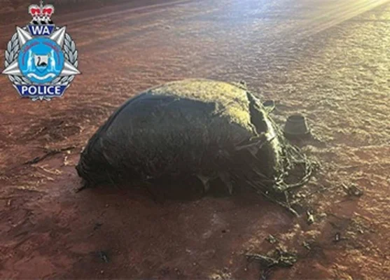 Débris spatial enveloppé sur le sol rougeâtre en Australie, avec logo de la police.