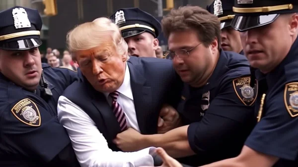 Image d'arrestation de Donald Trump générée par IA, utilisée pour illustrer les fake news.