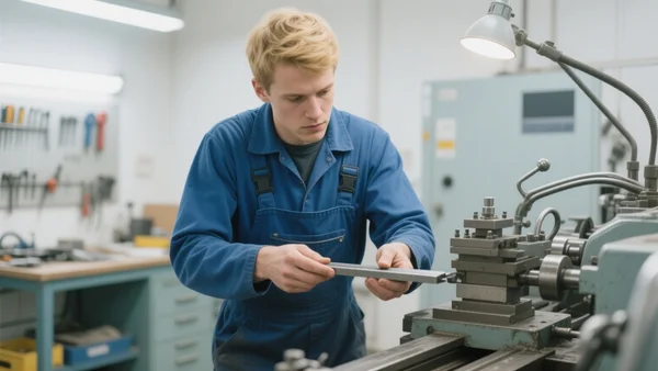 Plan serré sur les mains d'un ouvrier en bleu de travail ajustant une pièce métallique sur une machine-outil dans un atelier de PME, ambiance de travail concentré, atelier lumineux avec établi et outils visibles en arrière-plan
