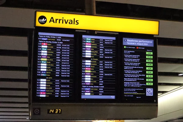 Écran d'affichage des arrivées au terminal 4 de l'aéroport de Londres Heathrow.
