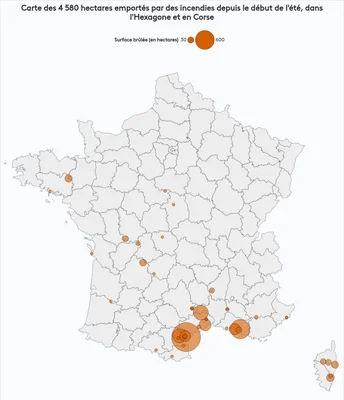 Carte des milliers d'hectares brûlés par les incendies en France et en Corse depuis le début de l'été.