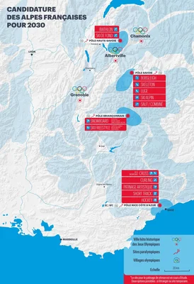 Carte des sites et sports proposés pour la candidature des Alpes françaises aux JO d'hiver 2030.