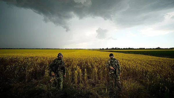 Deux individus en tenue de camouflage dans un champ de céréales sous un ciel menaçant.