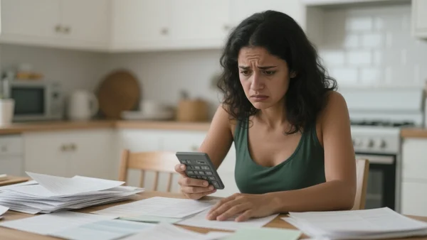Jeune femme assise à une table de cuisine, entourée de factures et de documents médicaux, le visage soucieux, une calculette dans une main, composition serrée sur son buste et ses papiers