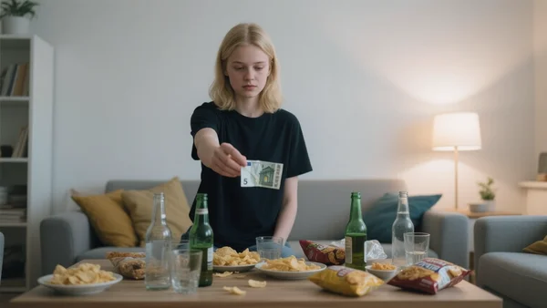 Main d'un jeune adulte tenant un billet de 5 euros devant une table de salon remplie de bouteilles, de chips et de snacks, composition sobre, intention éditoriale : illustrer le faible coût d'une soirée entre amis avec un budget serré, ton pragmatique et rassurant.