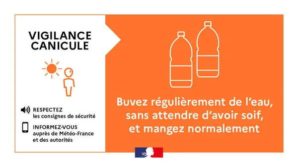 Affiche de prévention gouvernementale sur la canicule, rappelant les gestes essentiels.