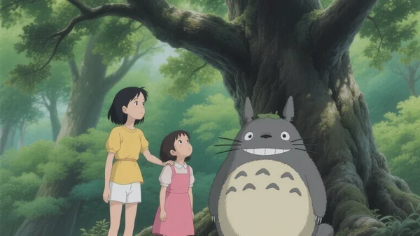 Scène du film Mon voisin Totoro : deux fillettes sous un arbre gigantesque, un Totoro poilu et souriant à côté d'elles, forêt luxuriante au fond, atmosphère douce et merveilleuse