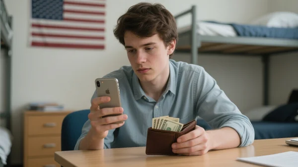 Étudiant dans une chambre universitaire, assis à un bureau, tenant un iPhone reconditionné d'une main, l'autre main posée sur un portefeuille ouvert avec quelques billets, plan américain, expression concentrée et pragmatique