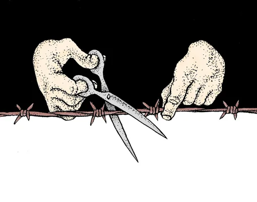 Illustration symbolique représentant la coupure d'un fil de fer barbelé.