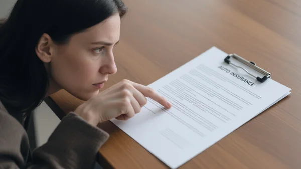 Main tenant un contrat d'assurance auto ouvert, doigt pointé vers une clause en petits caractères, plan rapproché sur le document posé sur une table en bois, expression sérieuse et déterminée, intention éditoriale : montrer l'importance de lire les détails du contrat pour ne pas se faire piéger.