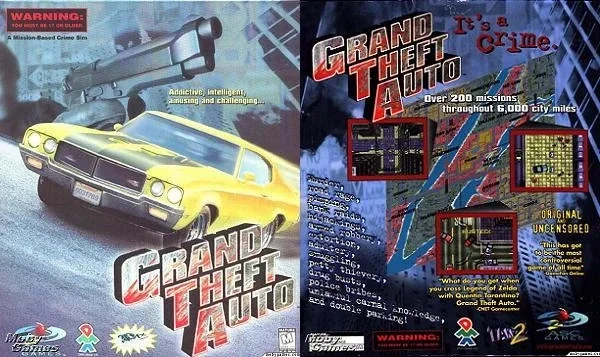 Recto et verso de la jaquette de Grand Theft Auto (1997) avec une muscle car jaune et des captures d'écran.