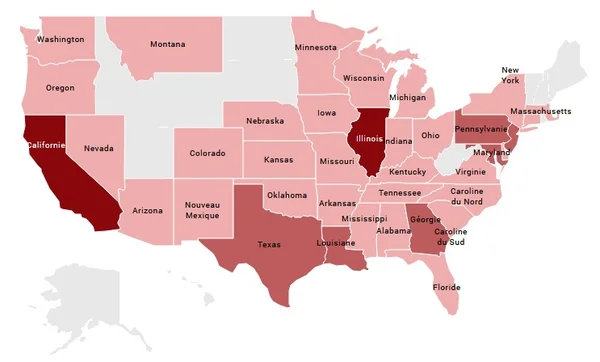 Carte des fusillades de masse aux États-Unis, avec des États en rouge selon leur niveau de violence.