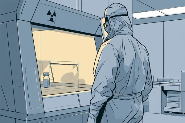Illustration d'un équipement de protection et d'un poste de sécurité radiologique en laboratoire.