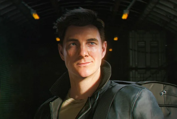 Portrait d'un jeune homme dans un environnement industriel sombre.
