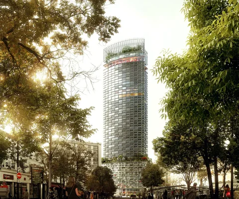Projet de rénovation de la tour Montparnasse, vue depuis la rue avec jardins suspendus.
