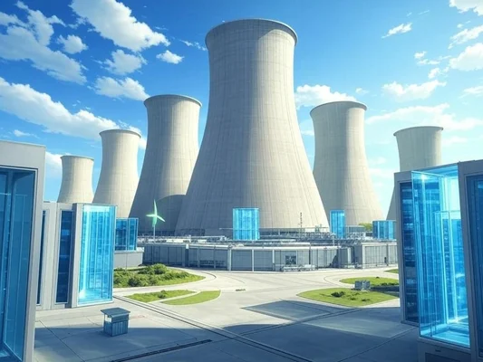 Rendu artistique d'une installation nucléaire avec tours de refroidissement et bâtiments futuristes en verre bleu.