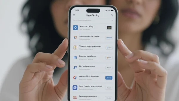 Capture d'écran d'un smartphone affichant l'interface épurée d'HyperTexting, avec un fil d'actualité en chronologie inversée composé de titres d'articles et de logos de sites web, sur fond blanc, vue de face, l'appareil tenu à deux mains. L'image doit communiquer la simplicité et le contrôle retrouvé sur la consommation de contenu, avec un ton calme et moderne.