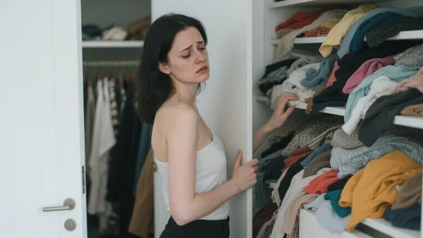 Une femme ouvre son armoire débordante de vêtements entassés, des piles de tissus dépassent des étagères, expression de fatigue et de stress sur son visage, vue de côté.
